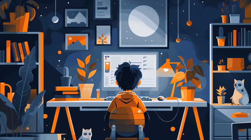 Ilustração de uma criança estudando no computador num quarto cheio de livros e plantas