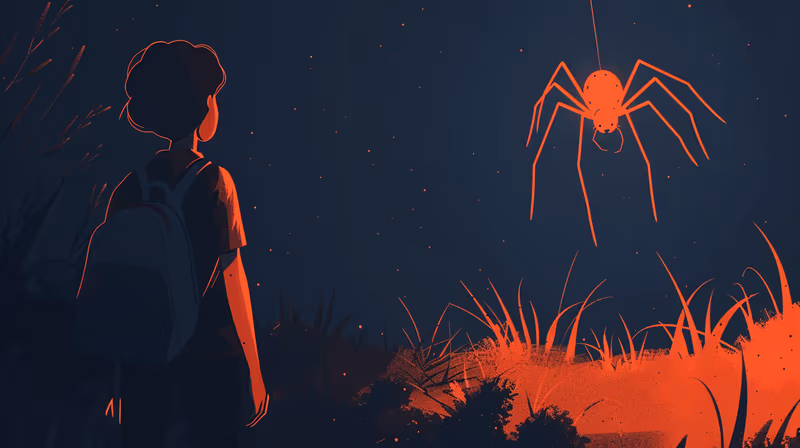 Ilustração de uma criança diante de uma aranha grande no mato