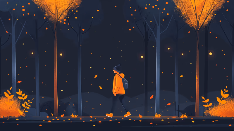 Ilustração de uma pessoa caminhando numa floresta iluminada à noite