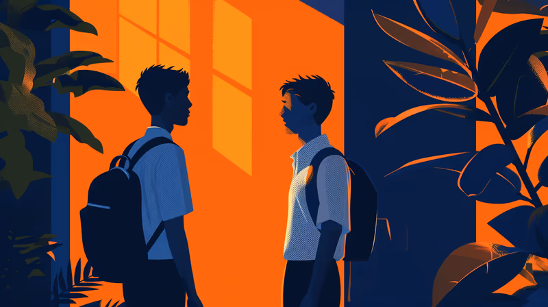 Ilustração de dois estudantes de mochila conversando