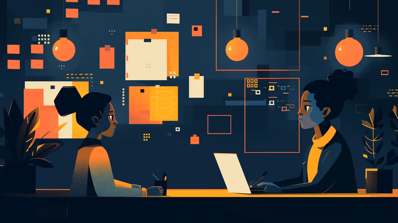 Ilustração de duas pessoas trabalhando em computadores numa sala com quadros de anotações
