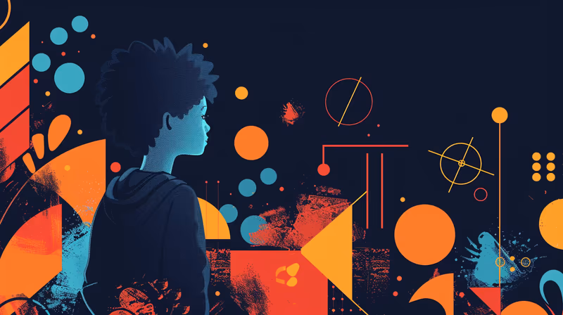 Ilustração de um jovem de perfil cercado de formas geométricas coloridas