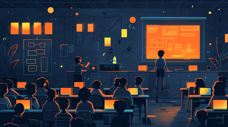 Ilustração de alunos em computadores numa sala de aula com um telão