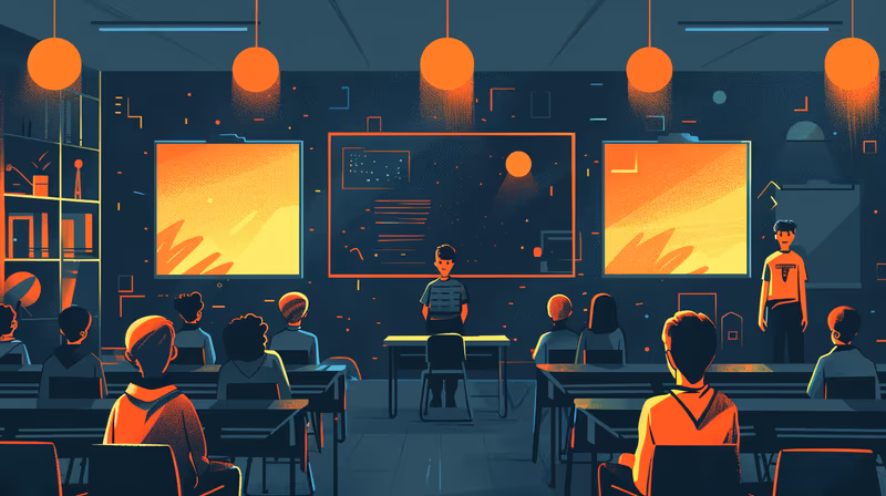 Ilustração de uma sala de aula com alunos e um professor diante do quadro