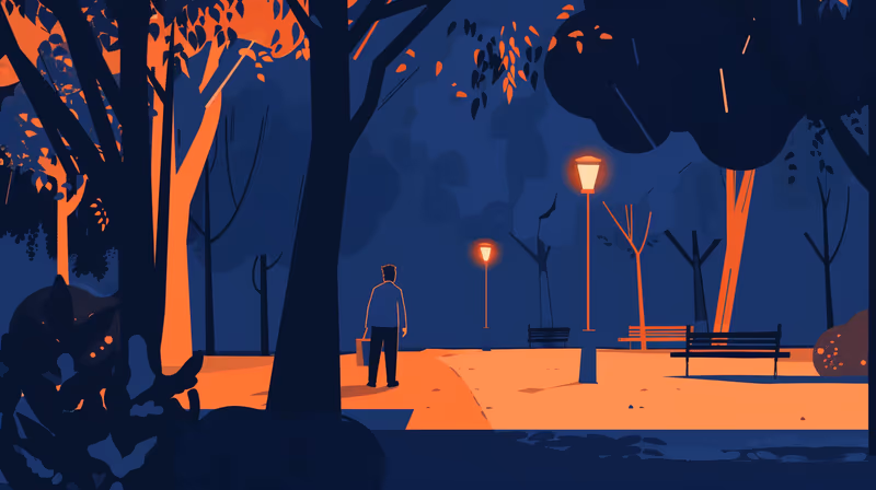 Ilustração de uma pessoa sozinha caminhando num parque à noite