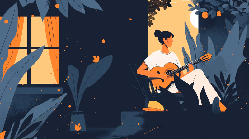 Ilustração de uma pessoa tocando violão sentada junto à janela