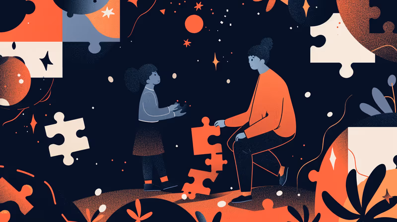 Ilustração de uma professora e um aluno montando peças de quebra-cabeça